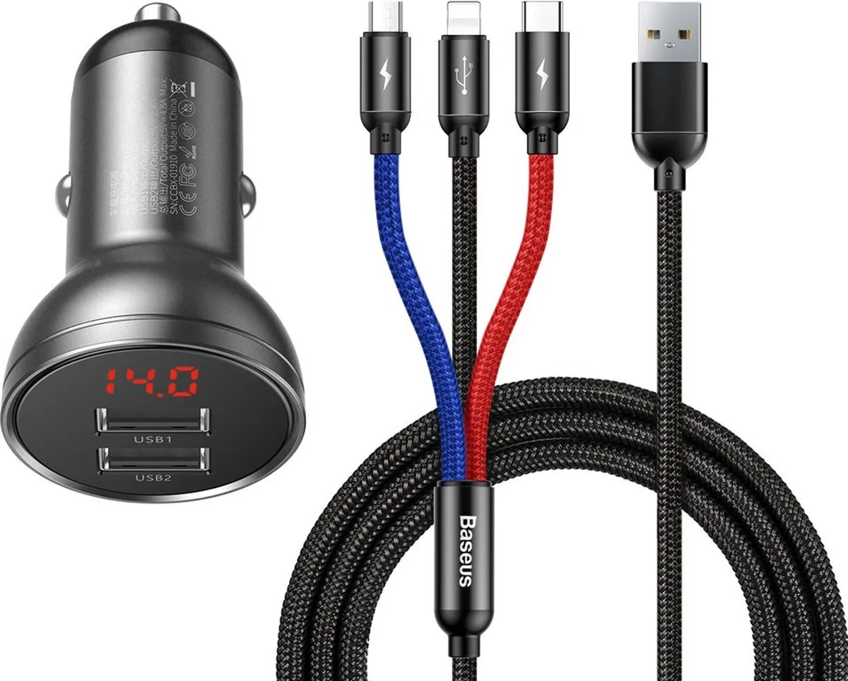 Baseus 7339 Digital Display Autolader - 24W - 2x USB - 1.2m Kabel - Zwart