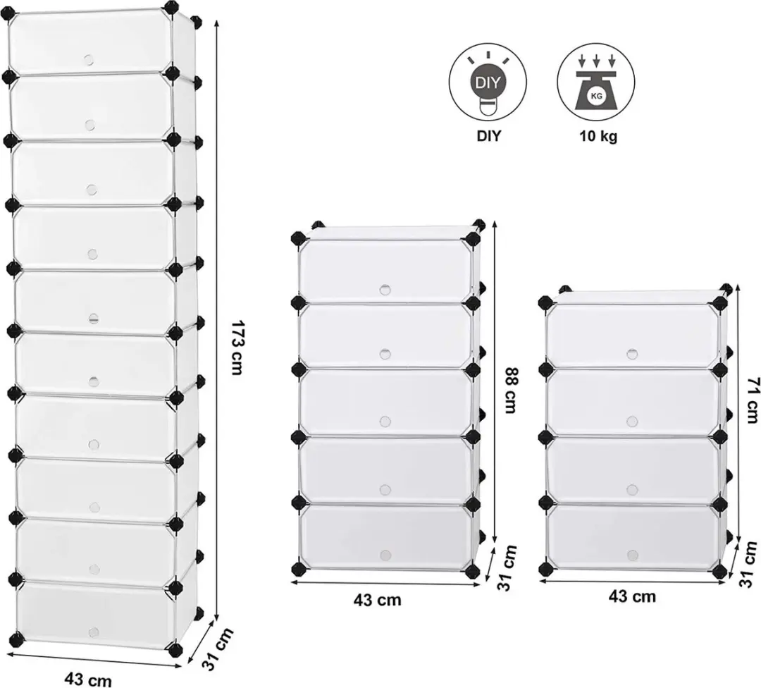 Songmics LPC10W Schoenenrek 10-niveaus - 20 Paren - Halftransparant wit