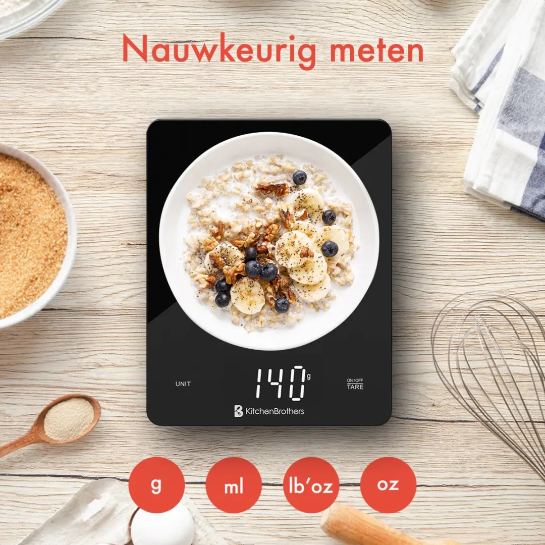 KitchenBrothers KB4011 Keukenweegschaal - Digitaal 1g-10kg - Glas/Zwart
