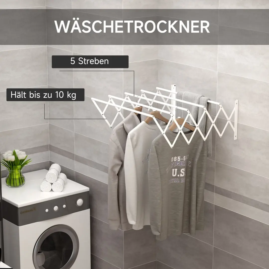Homcom Wäscheständer 63,5L x 60B x 20H cm - Wit - afbeelding 6 van 6