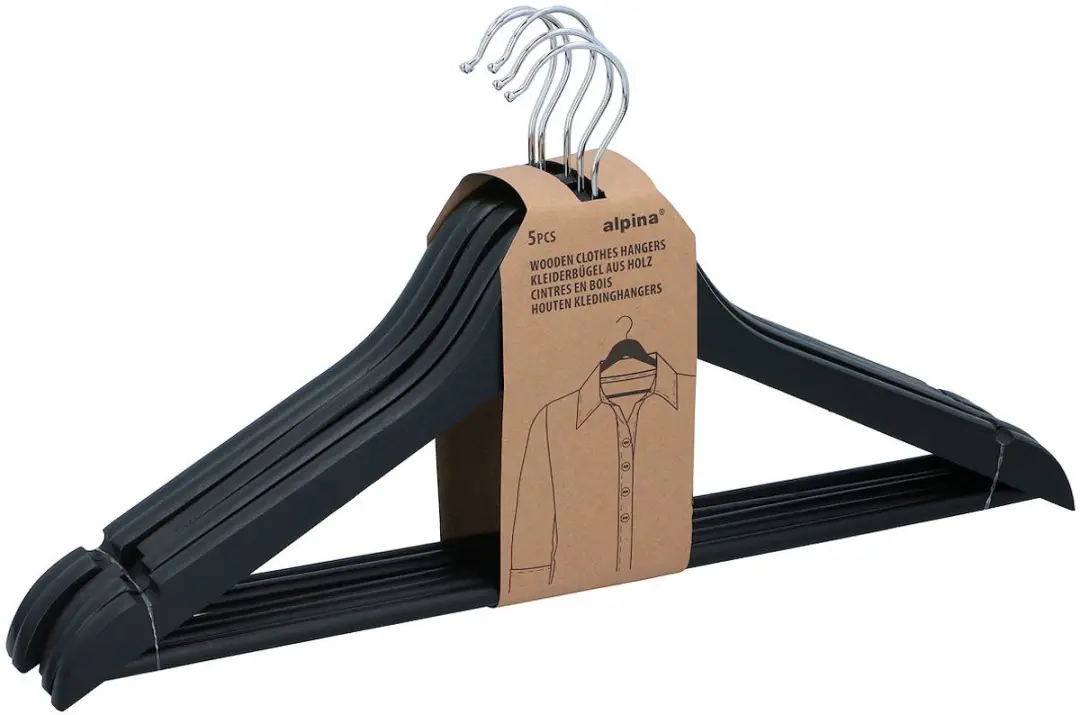 Alpina Kledinghangers Hout 5 Stuks - Anti Slip met Broekhanger - Zwart