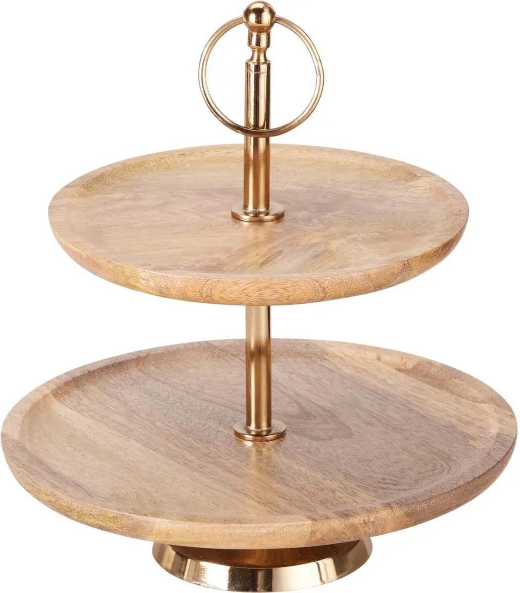 Excellent Houseware 2-laags Etagère 28x25cm - Goudkleurig Mango Hout - afbeelding 6 van 6