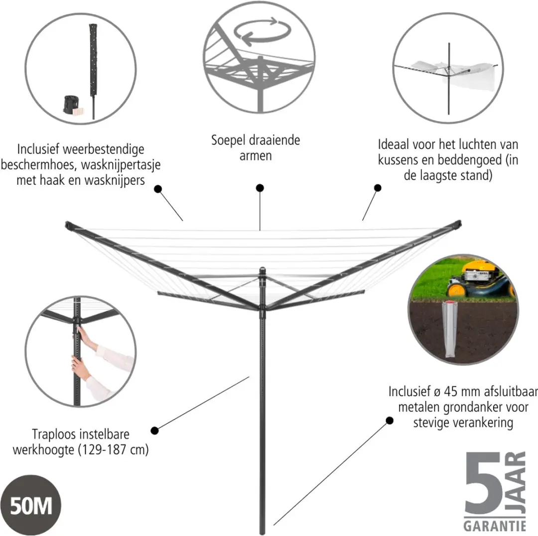 Brabantia Lift-O-Matic Droogmolen 50m - Anthraciet - afbeelding 5 van 6