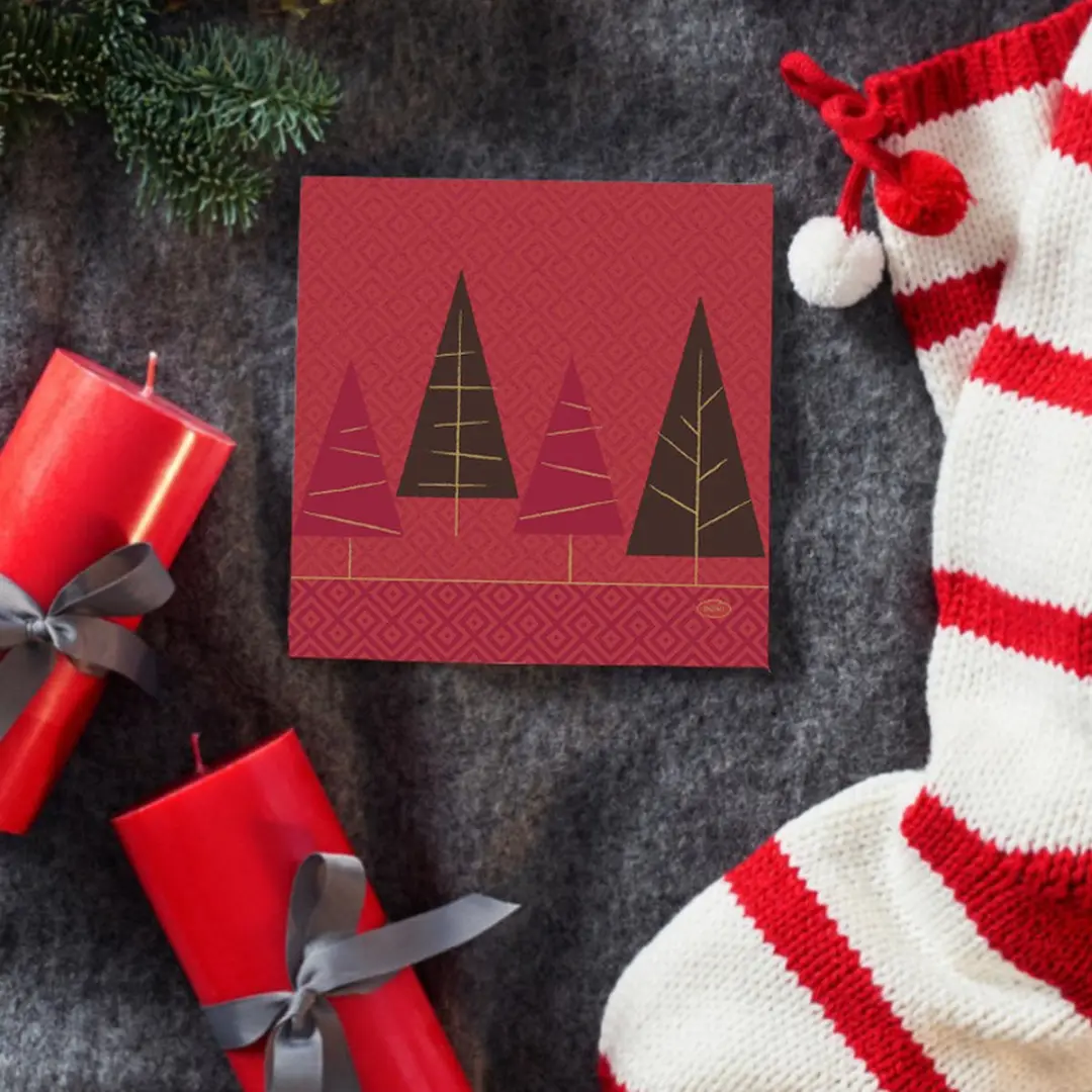 Duni Kerst Servetten 20 Stuks - 33x33cm - Rood met Kerstbomen