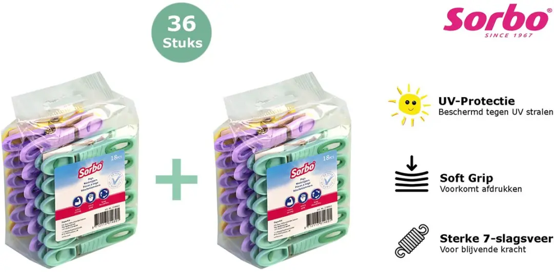 Sorbo Wasknijpers 228601 - 36 Stuks - Pastel Groen/Geel/Paars