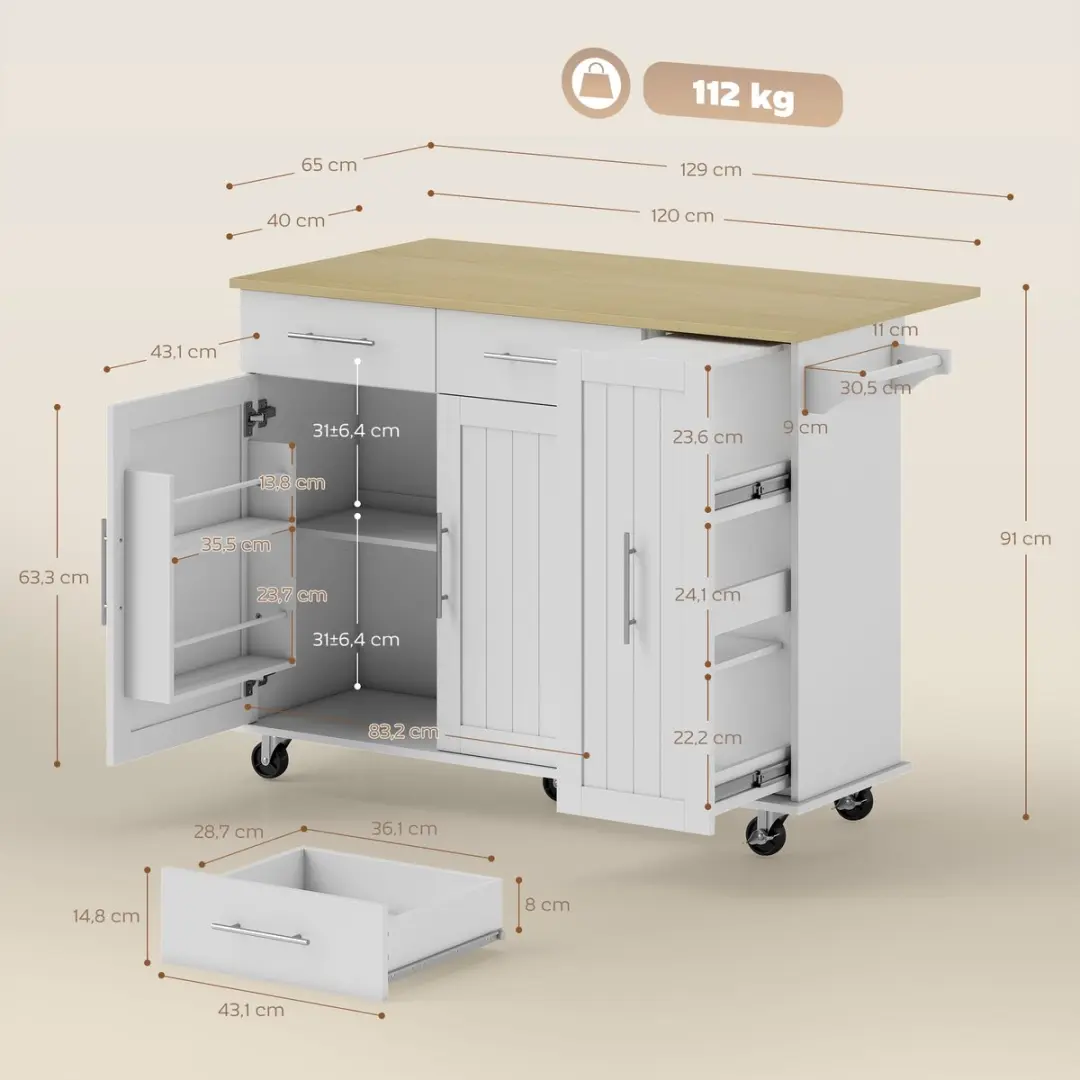 Homcom Keukeneiland 129x65x91cm - Wit