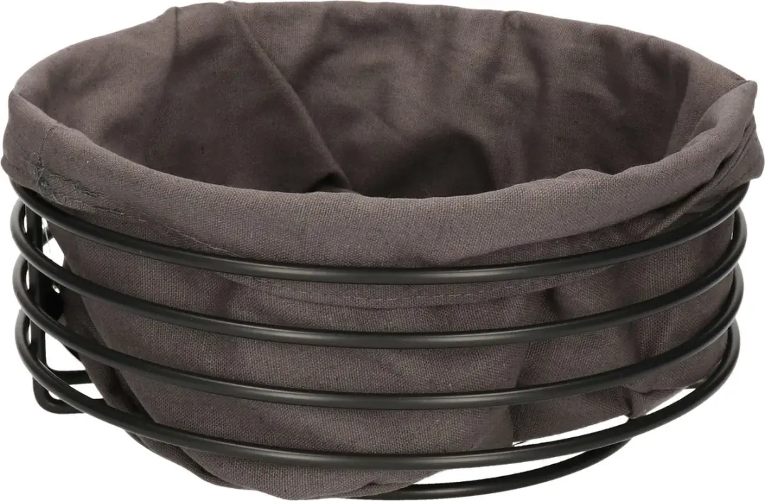 Ronde broodmand/serveermand zwart metaal/grijs katoen 23 cm
