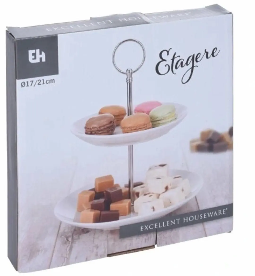 Excellent Houseware Etagère 2-laags - Porselein - Zilverkleurig handvat
