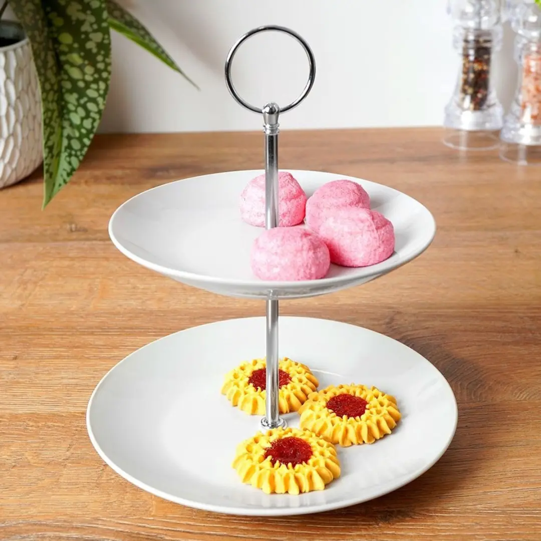 Excellent Houseware Etagère 2-laags - Porselein - Zilverkleurig handvat