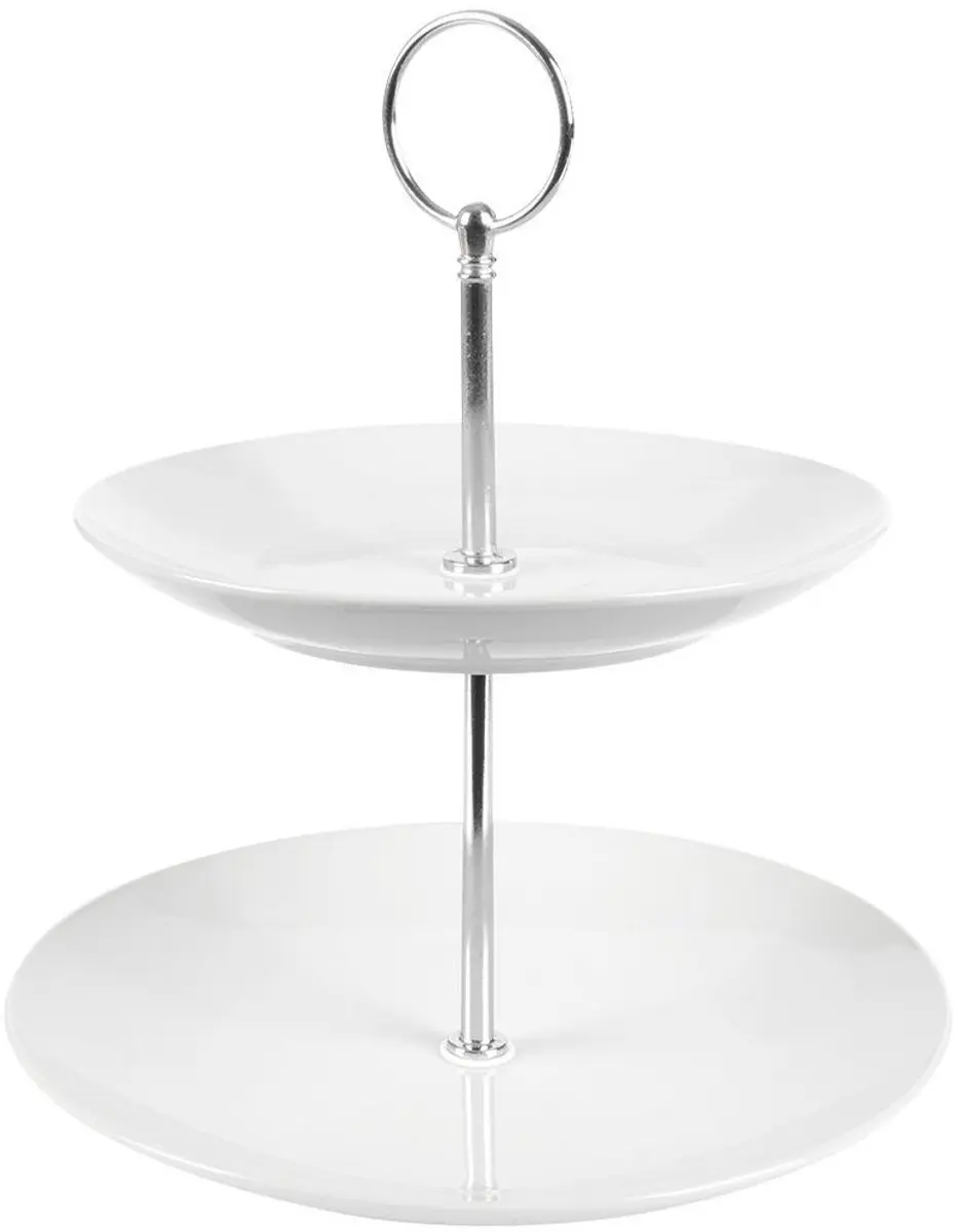 Excellent Houseware Etagère 2-laags - Porselein - Zilverkleurig handvat