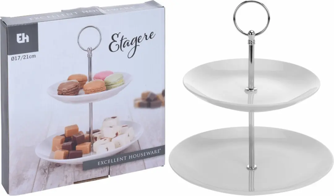 Excellent Houseware Etagère 2-laags - Porselein - Zilverkleurig handvat - afbeelding 6 van 6