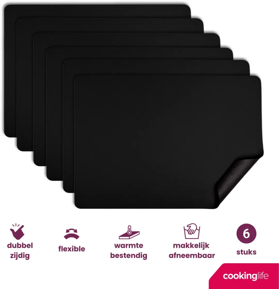 Cookinglife Vegan Lederlook Placemats - 6 Stuks 46x33cm - Zwart