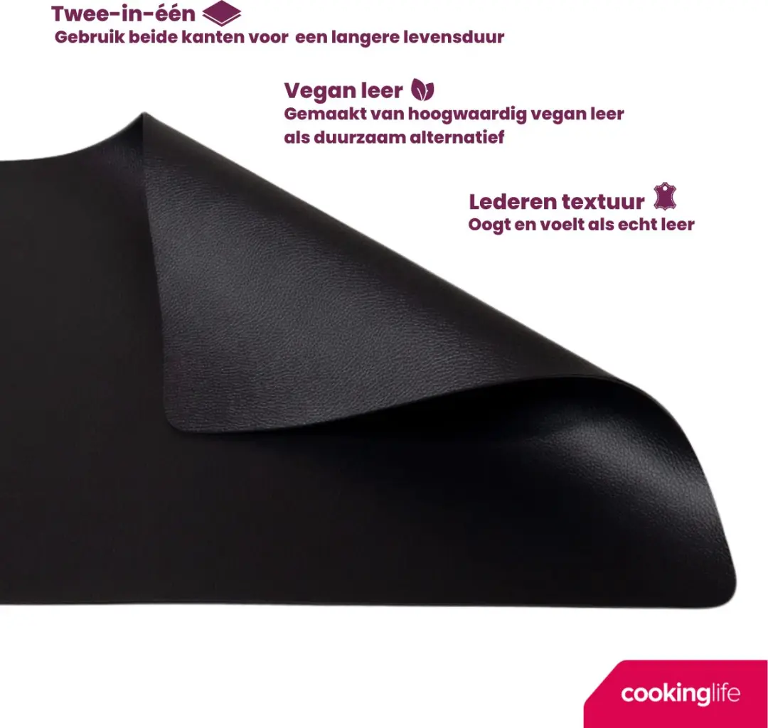 Cookinglife Vegan Lederlook Placemats - 6 Stuks 46x33cm - Zwart