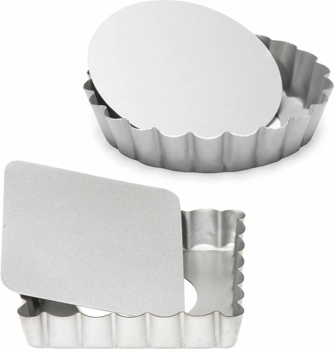 Set van 2x mini taart/quiche bakvormen vierkant en rond zilver 10 cm