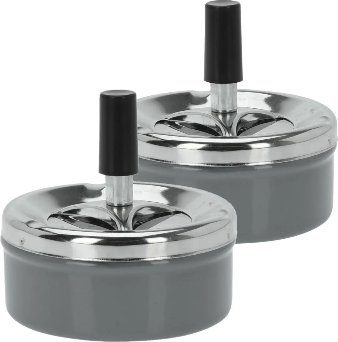 Excellent Houseware Druk & Draai Tafel Asbak - 2 Stuks - Antraciet/Chroom