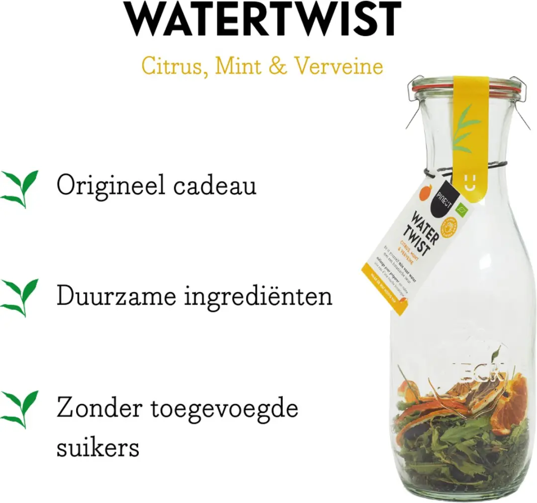 Pineut Verjaardag Cadeau Tafelwaterkaraf Glas 1L - Citrus/Munt/Verveine