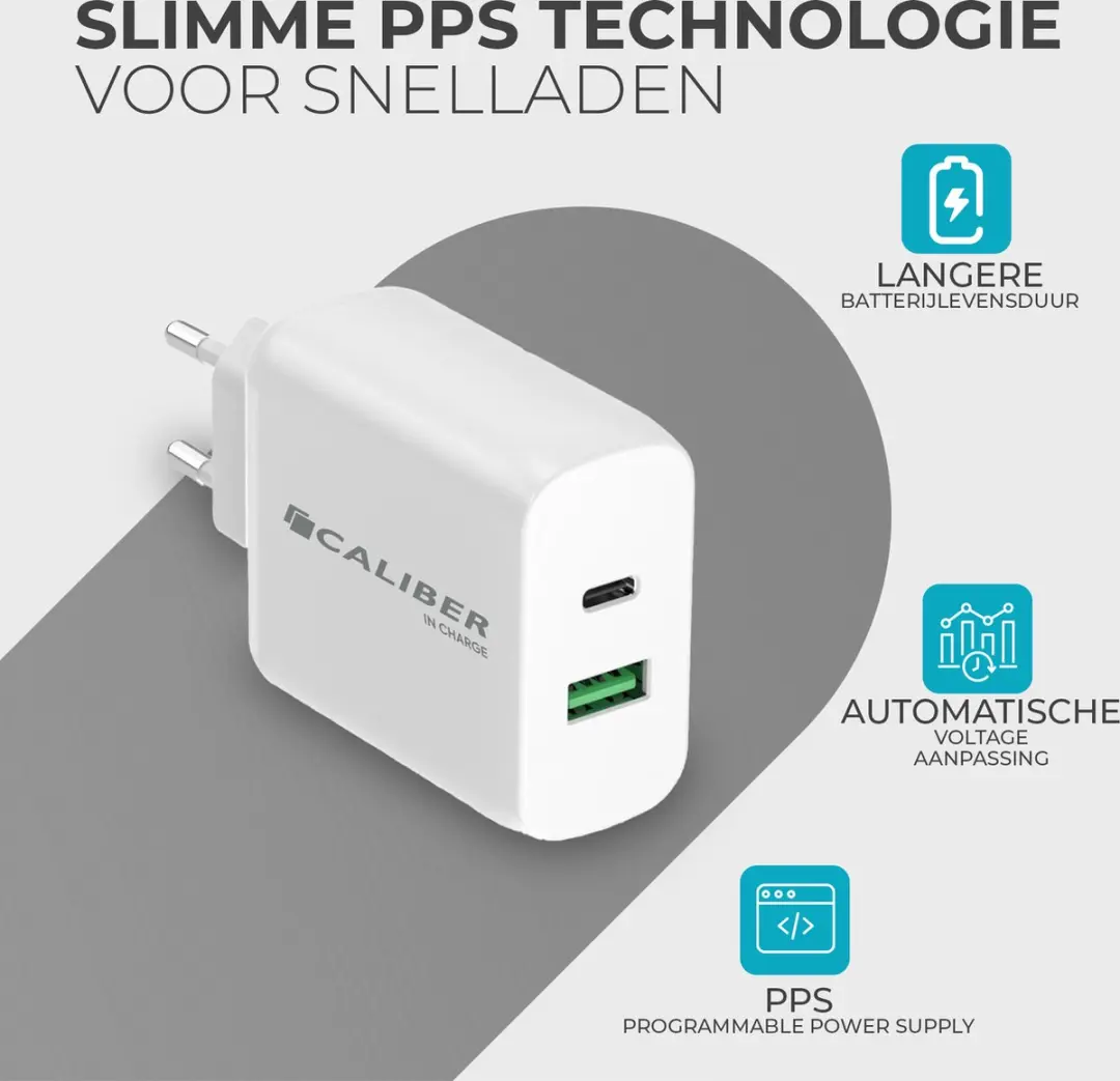 Caliber Snellader 65W USB-C Adapter - 2 Poorten - GaN Technologie - Wit