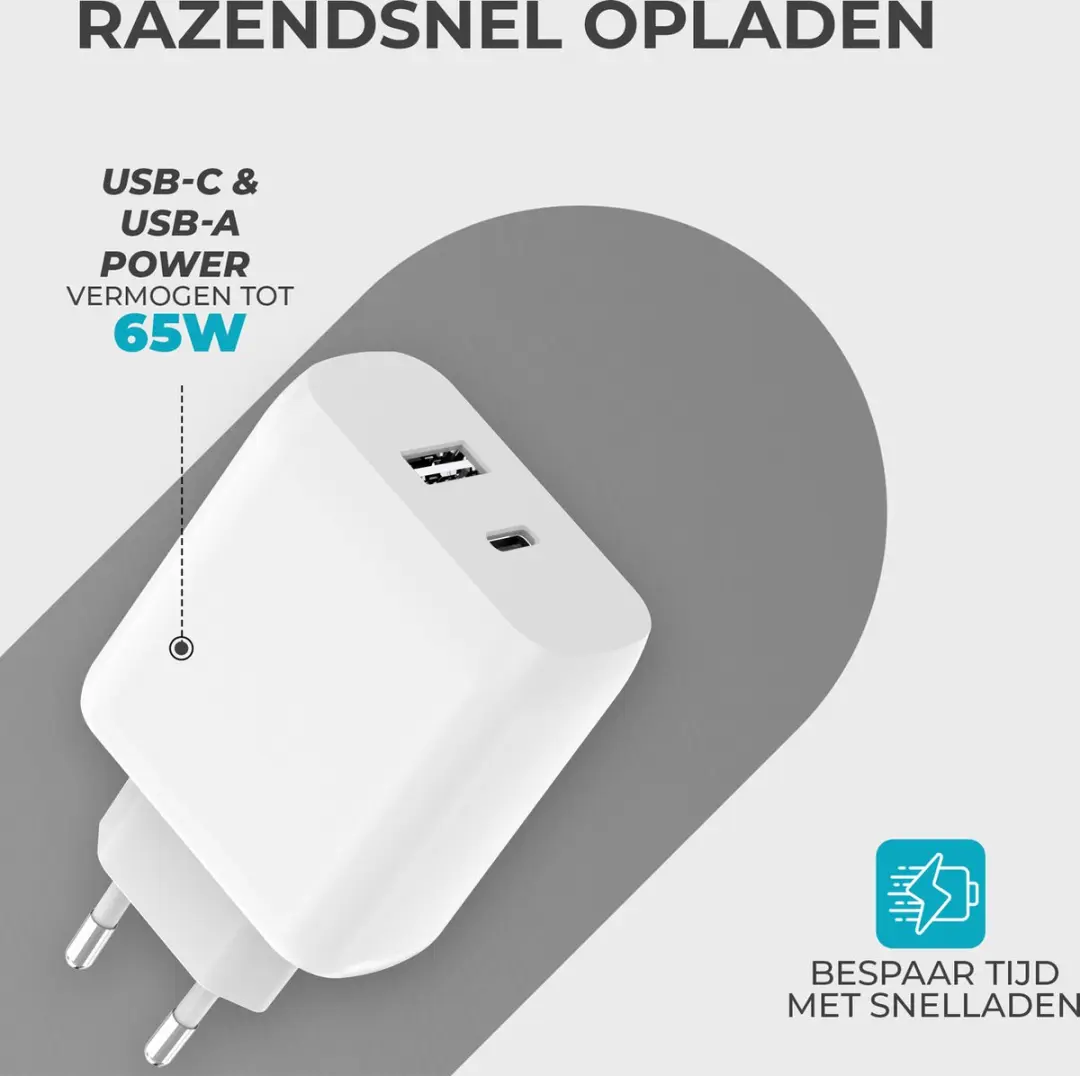 Caliber Snellader 65W USB-C Adapter - 2 Poorten - GaN Technologie - Wit