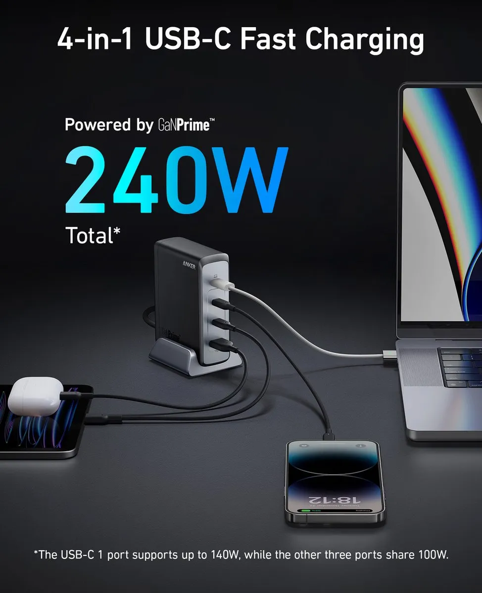 Anker Charging 749 GaNPrime A2342311 Oplader 240W - 4 Poorten - Zwart
