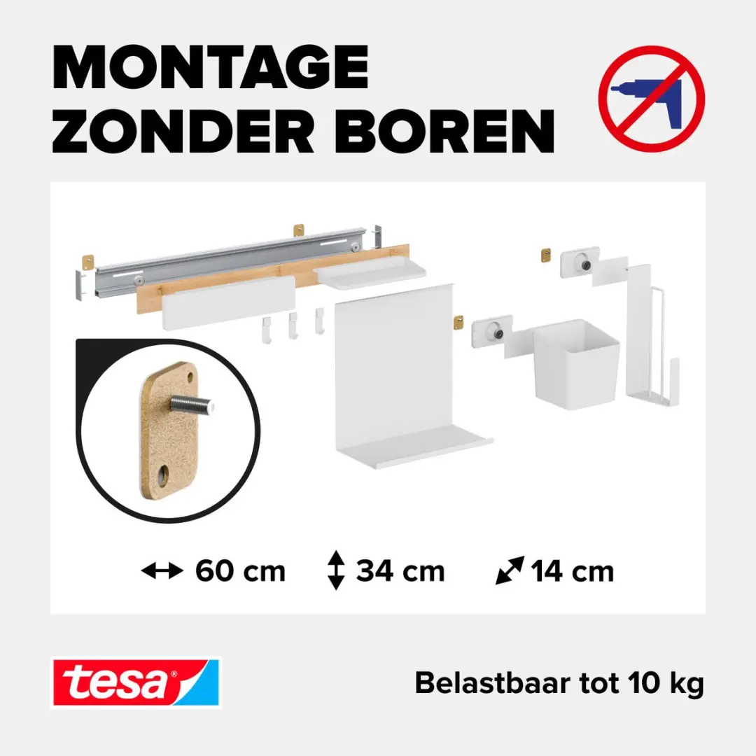 Tesa Keukenorganizer Set L Strip Bamboe Wit - Potplanken & Keukenrolhouder