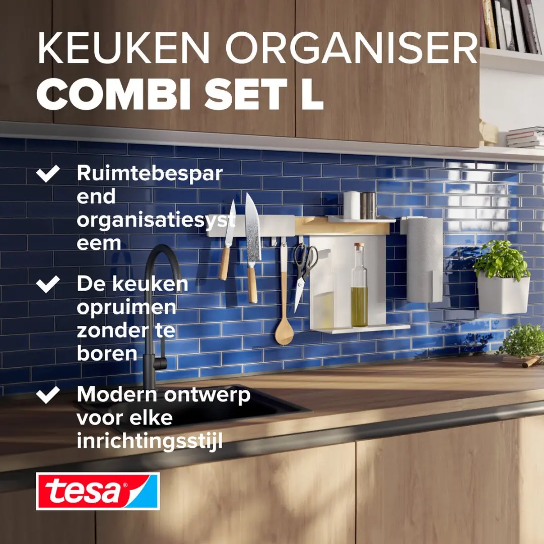 Tesa Keukenorganizer Set L Strip Bamboe Wit - Potplanken & Keukenrolhouder