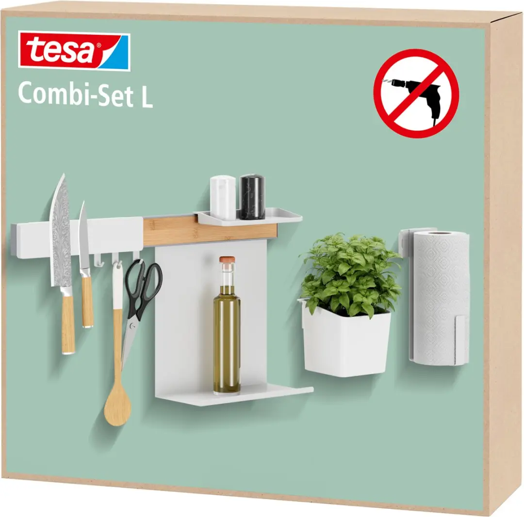 Tesa Keukenorganizer Set L Strip Bamboe Wit