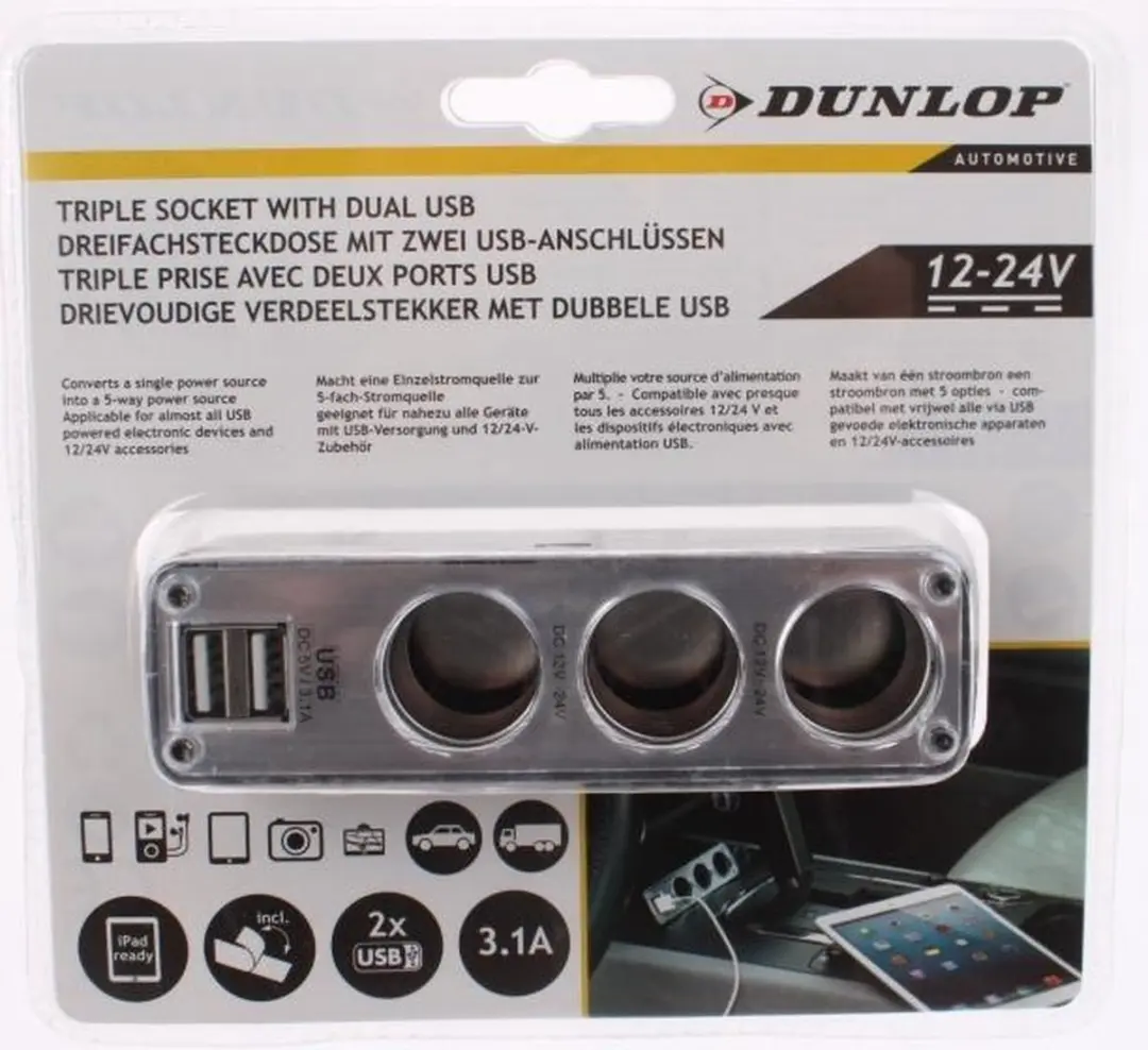 Dunlop Autolader 3-delig - RVS - 5 Outputs - Zilver/Zwart