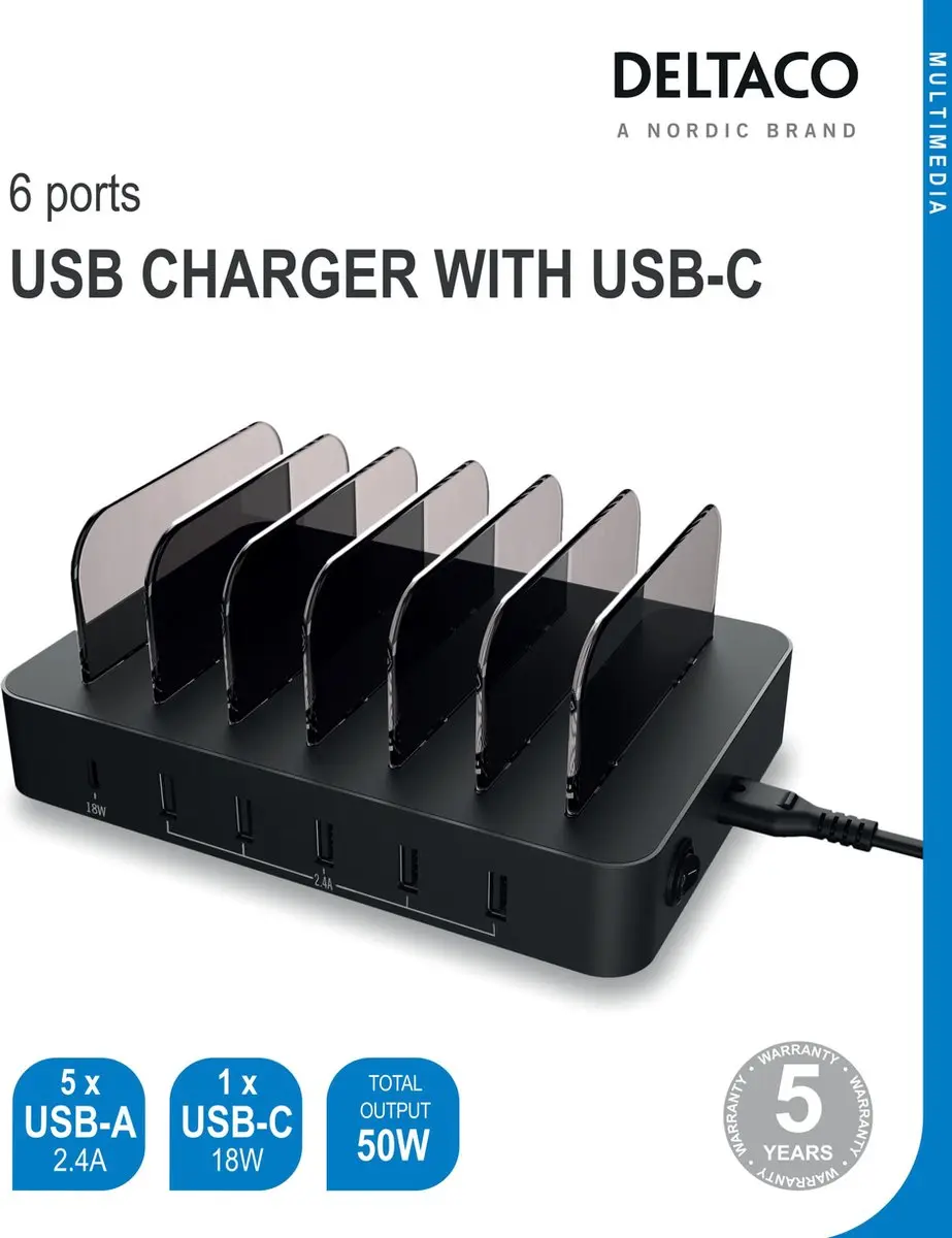 Deltaco DPS-0200 USB Oplaadstation 6 Apparaten - 50W - Zwart