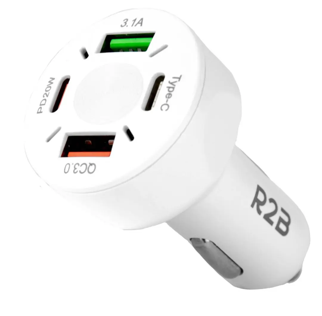 R2B Autolader USB C & USB A 4 Poorten 30W - Wit