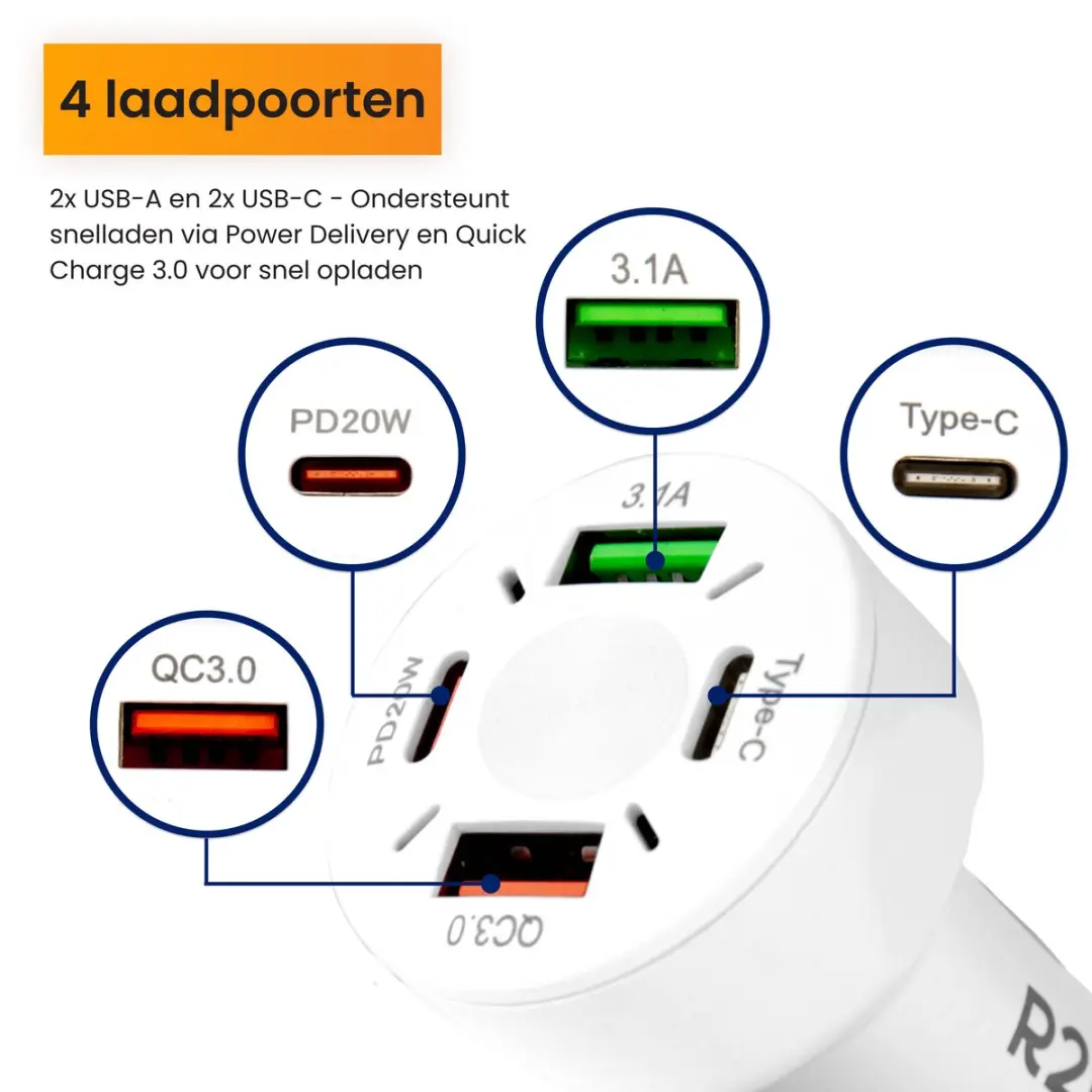 R2B Autolader USB C & USB A 4 Poorten 30W - Wit