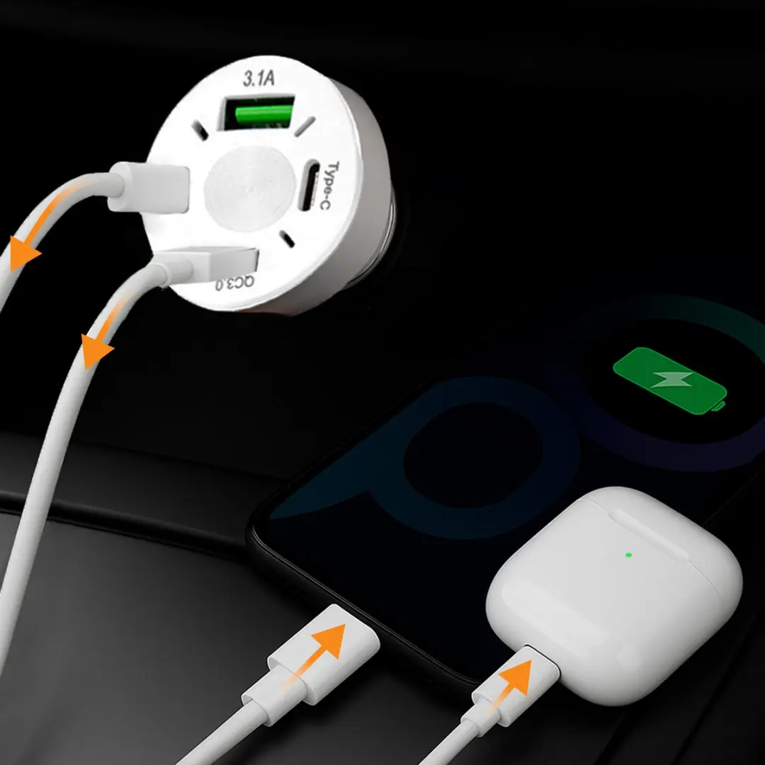 R2B Autolader USB C & USB A 4 Poorten 30W - Wit - afbeelding 6 van 6