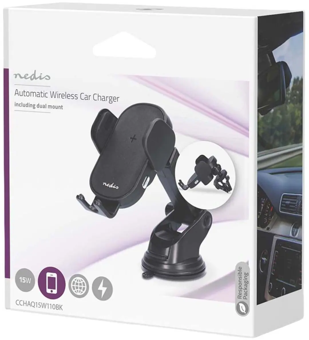 Nedis CCHAQ15W110BK Draadloze Autolader 10W - USB-C - Zwart