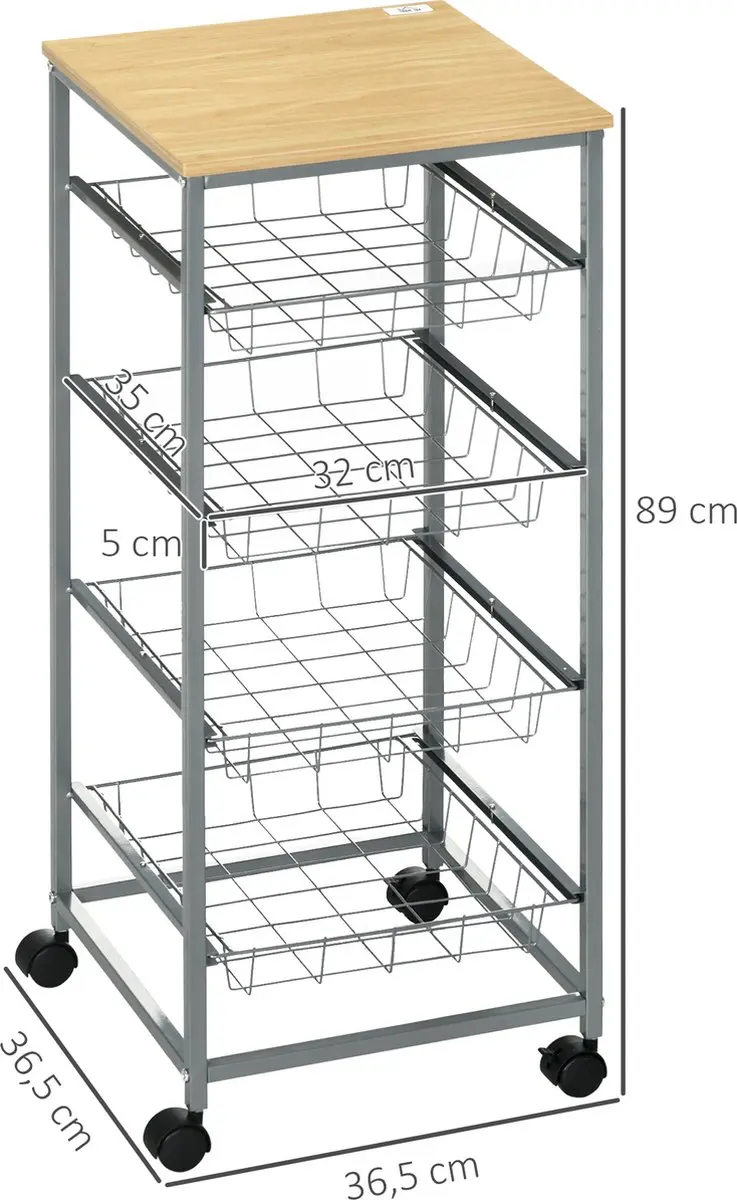Homcom Keukenwagen 4 lagen 801-056 - Zilver/Natuurlijk