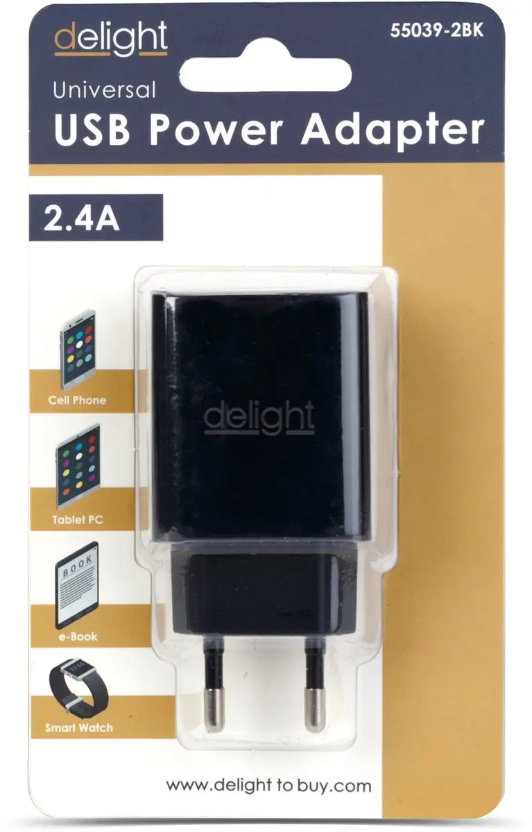 Delight Oplaadblok USB-A 5V 2,4A - 2x USB-A - Zwart - afbeelding 2 van 4
