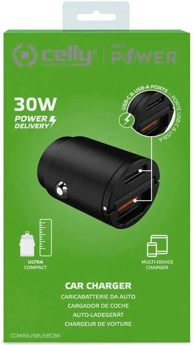 Celly Mini Autolader CCMINIUSBUSBCBK - 30W USB + USB-C - Zwart