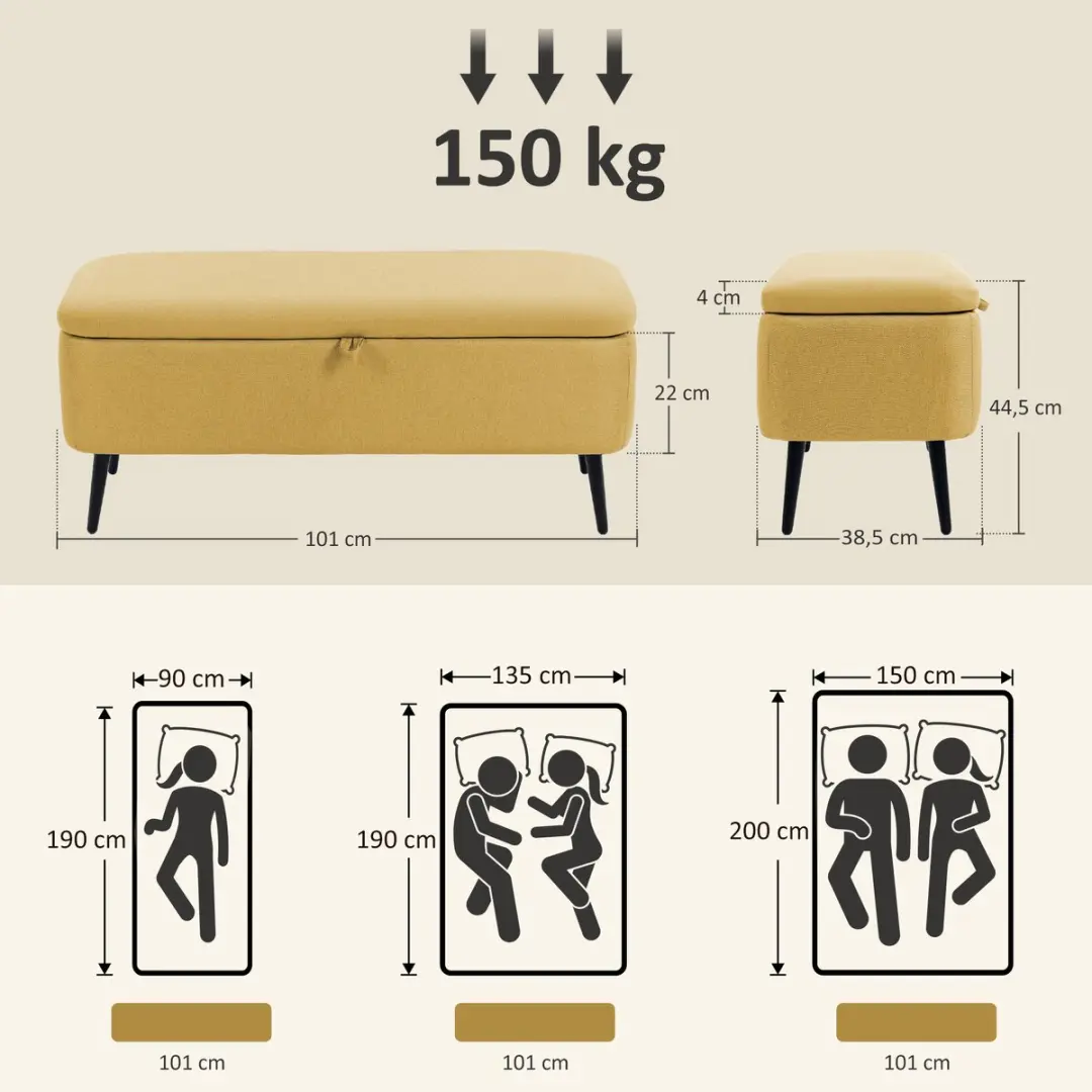 Homcom Opbergbank - 101x38,5x44,5cm - Geel