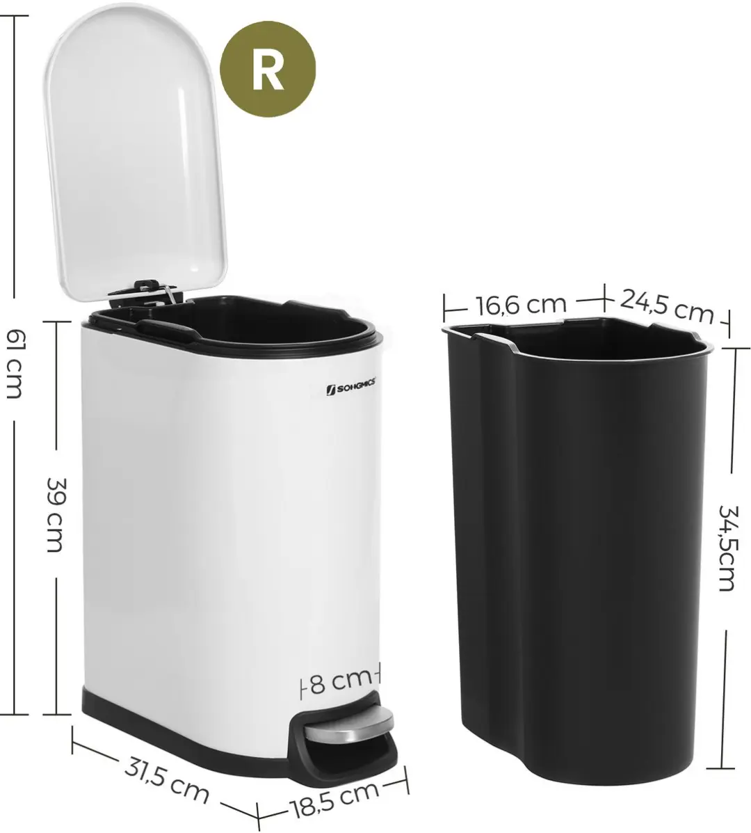 Songmics Prullenbak 10L Roestvrij Staal - Soft-Close Deksel Wit