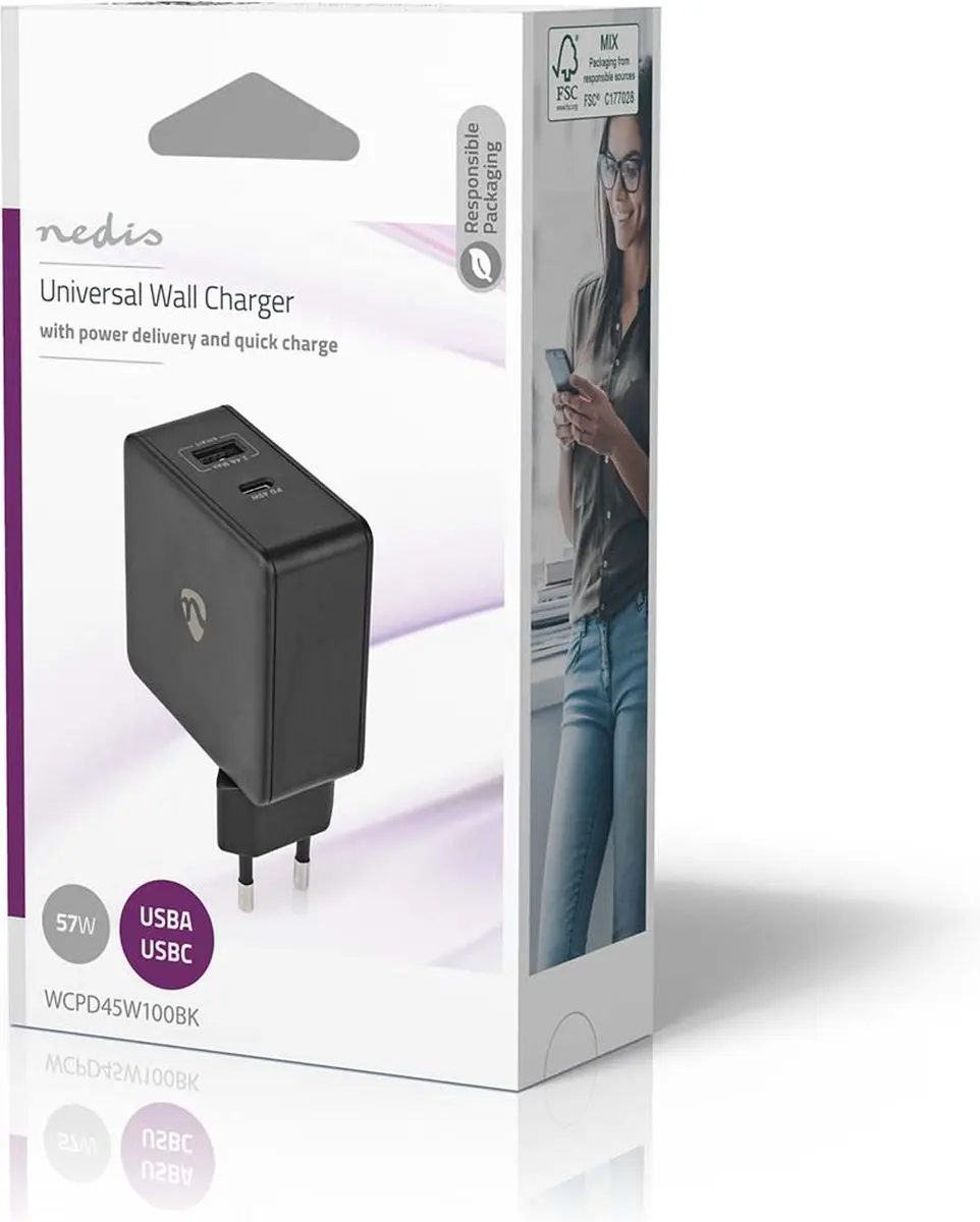 Nedis WCPD45W100BK Oplader 57W - USB-A/USB-C - Zwart