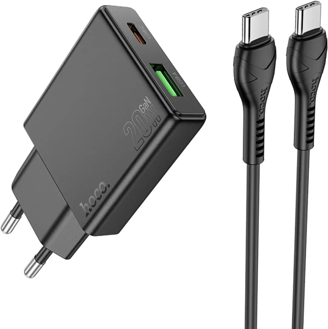 Hoco 20W Dual Poort Snellader N38 - 20W USB-C + 18W USB-A - Zwart