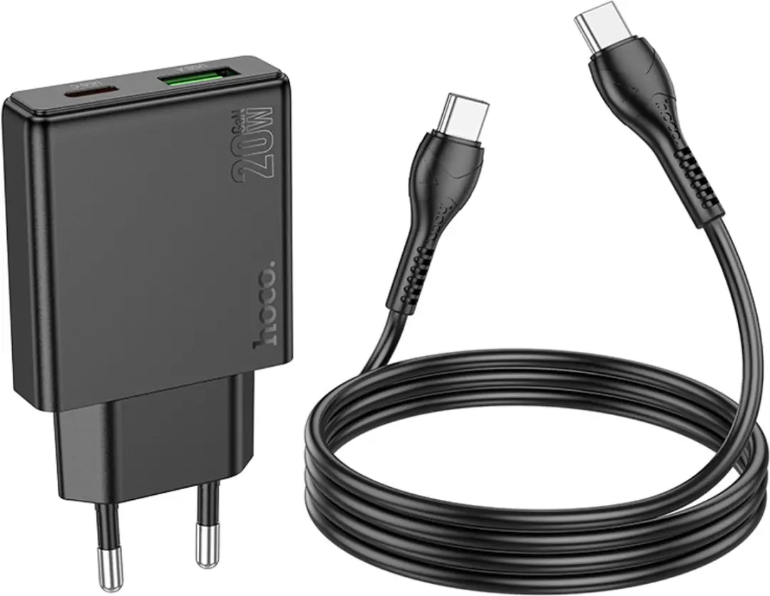 Hoco 20W Dual Poort Snellader N38 - 20W USB-C + 18W USB-A - Zwart