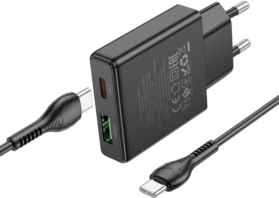 Hoco 20W Dual Poort Snellader N38 - 20W USB-C + 18W USB-A - Zwart