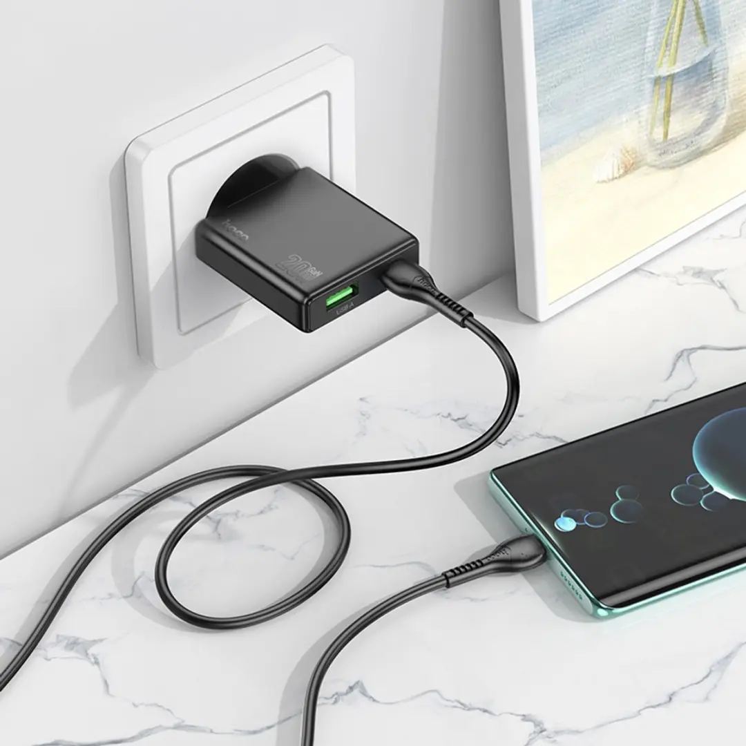 Hoco 20W Dual Poort Snellader N38 - 20W USB-C + 18W USB-A - Zwart - afbeelding 6 van 6