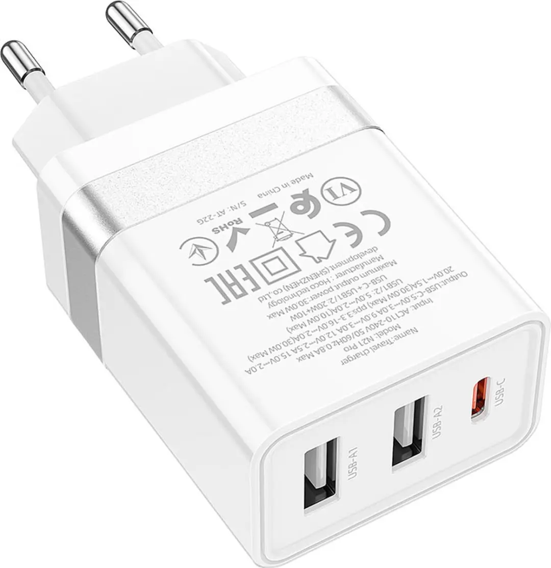 Hoco N21 Snellader - 30W - 2x USB + USB-C - PD20W - Wit