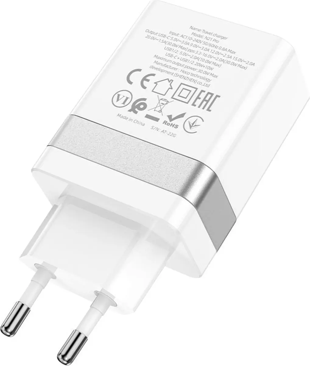 Hoco N21 Snellader - 30W - 2x USB + USB-C - PD20W - Wit
