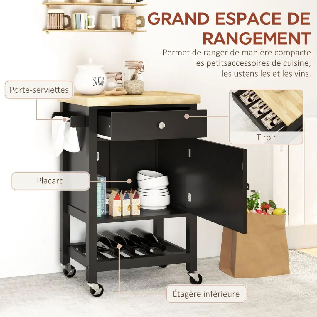 Homcom Keukenwagen 63,5x40x90cm - Zwart