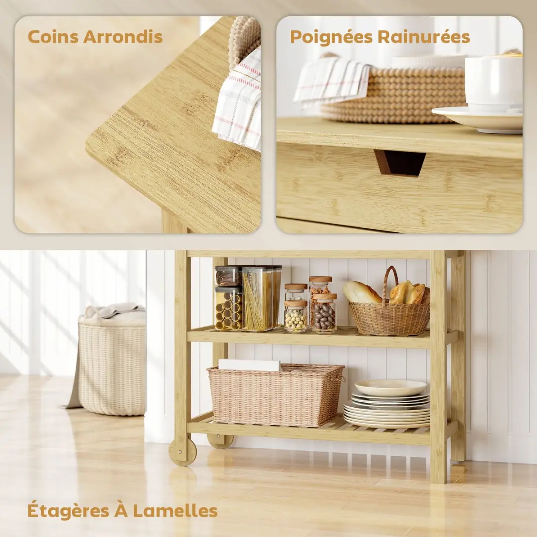 Homcom Keukenwagen Bamboe 100x43x75cm - Natuurlijk