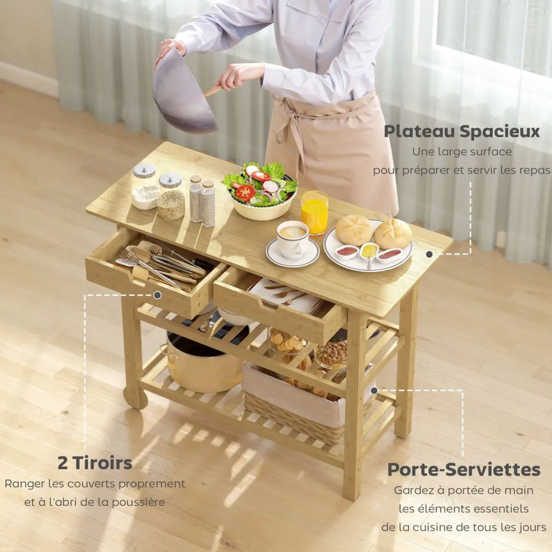 Homcom Keukenwagen Bamboe 100x43x75cm - Natuurlijk