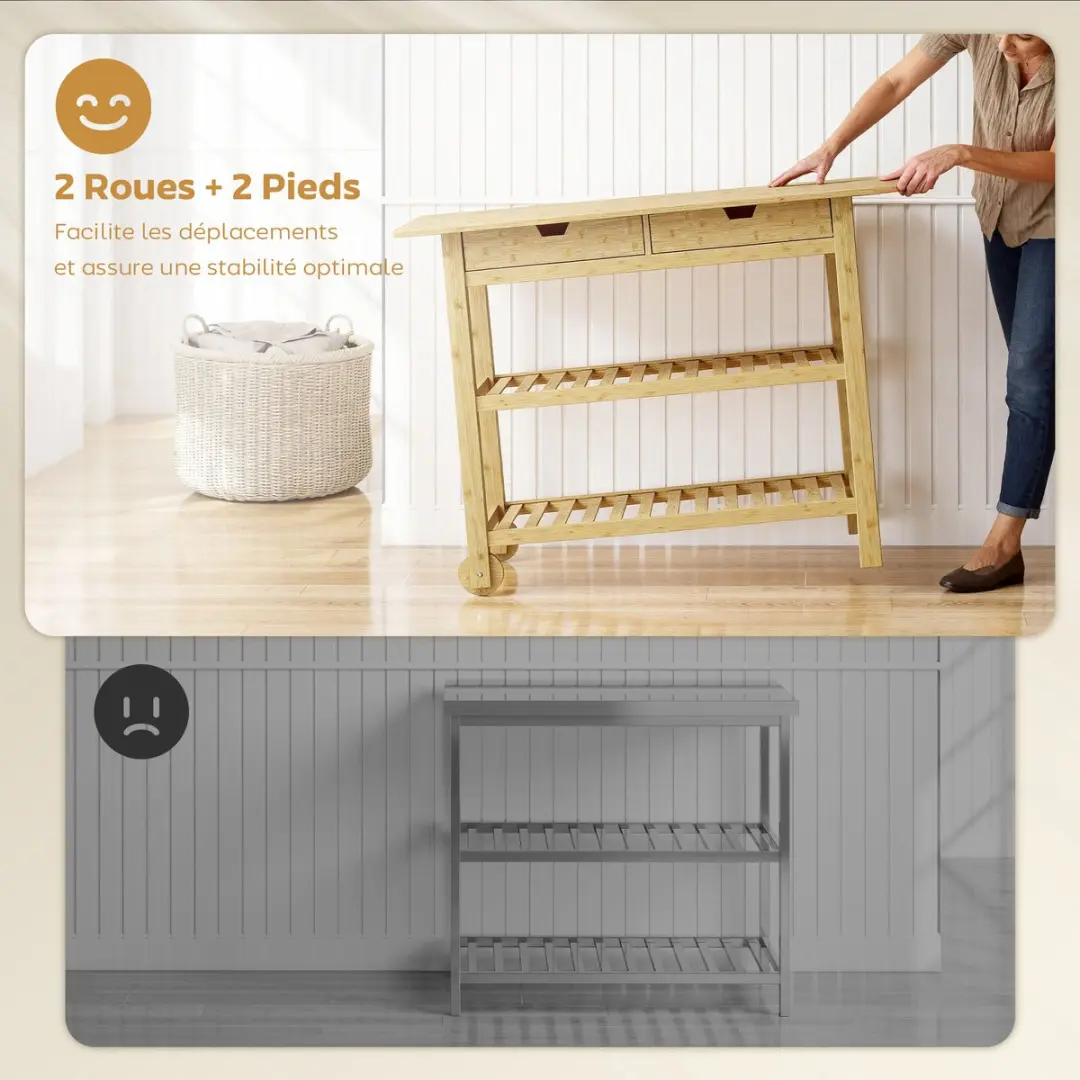 Homcom Keukenwagen Bamboe 100x43x75cm - Natuurlijk