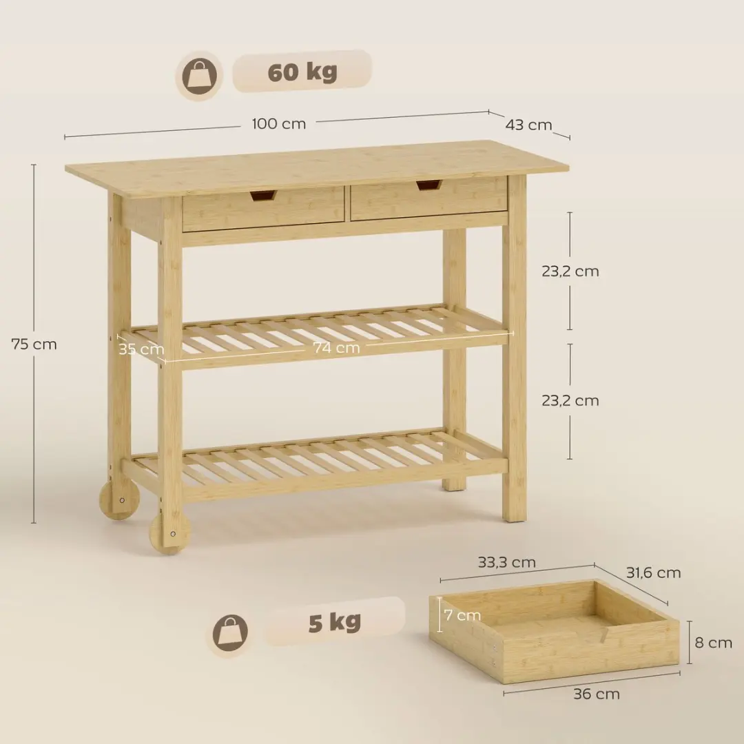 Homcom Keukenwagen Bamboe 100x43x75cm - Natuurlijk - afbeelding 6 van 6
