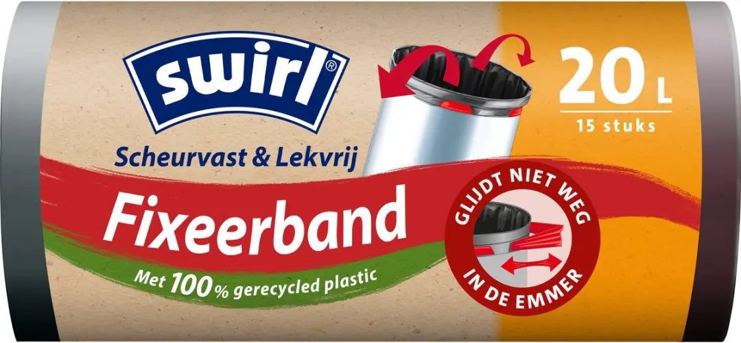 Swirl Vuilniszakken 20L - 15 Stuks - Fixeerband - Zwart